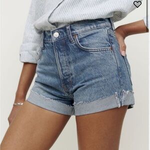 Reformation Charlie High Waisted Denim Shorts with rolled cuff, size 28